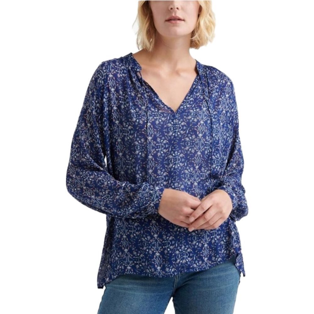 ❤️ LUCKY BRAND The Jacquard Printed Peasant Blue Blouse Size L